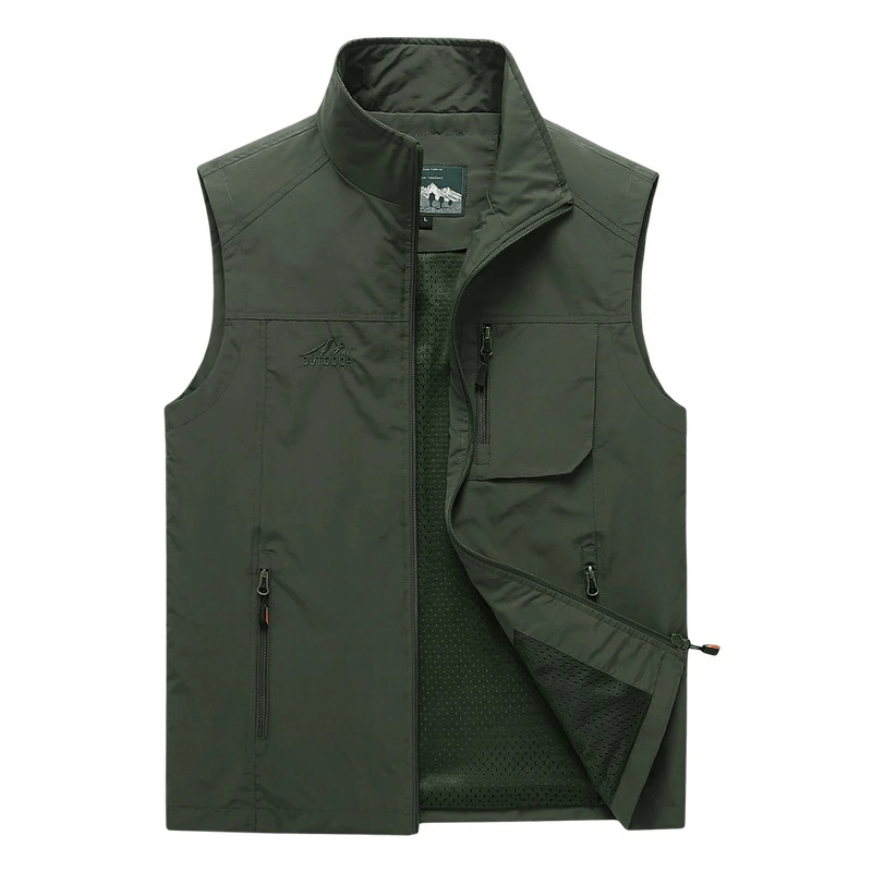 Men's casual stand collar zipper vest in green, featuring a sleeveless design, loose fit, and two pockets for versatile style.